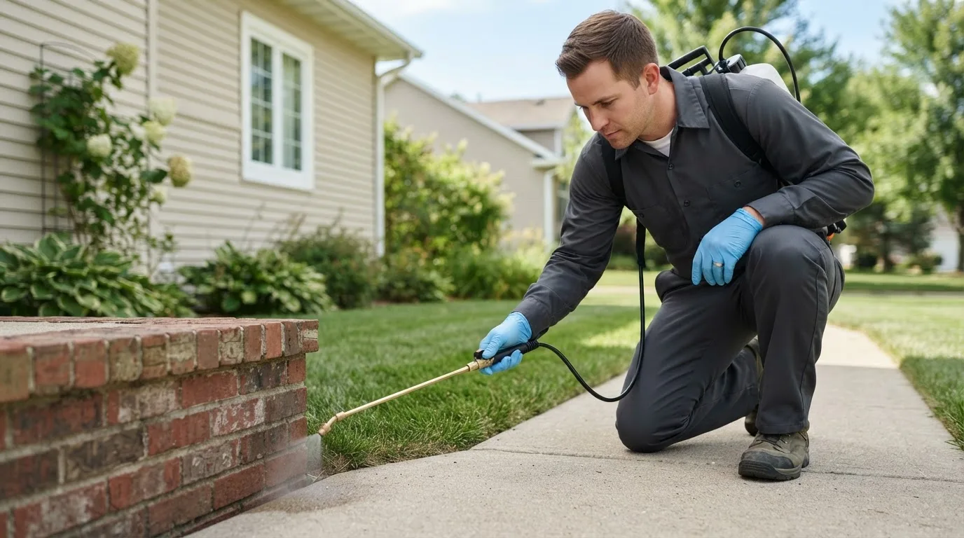 Pest control technician treating a home near Avon, MA