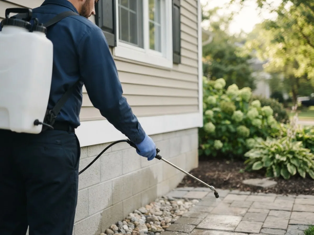 Pest control technician inspecting a home in Avon, MA
